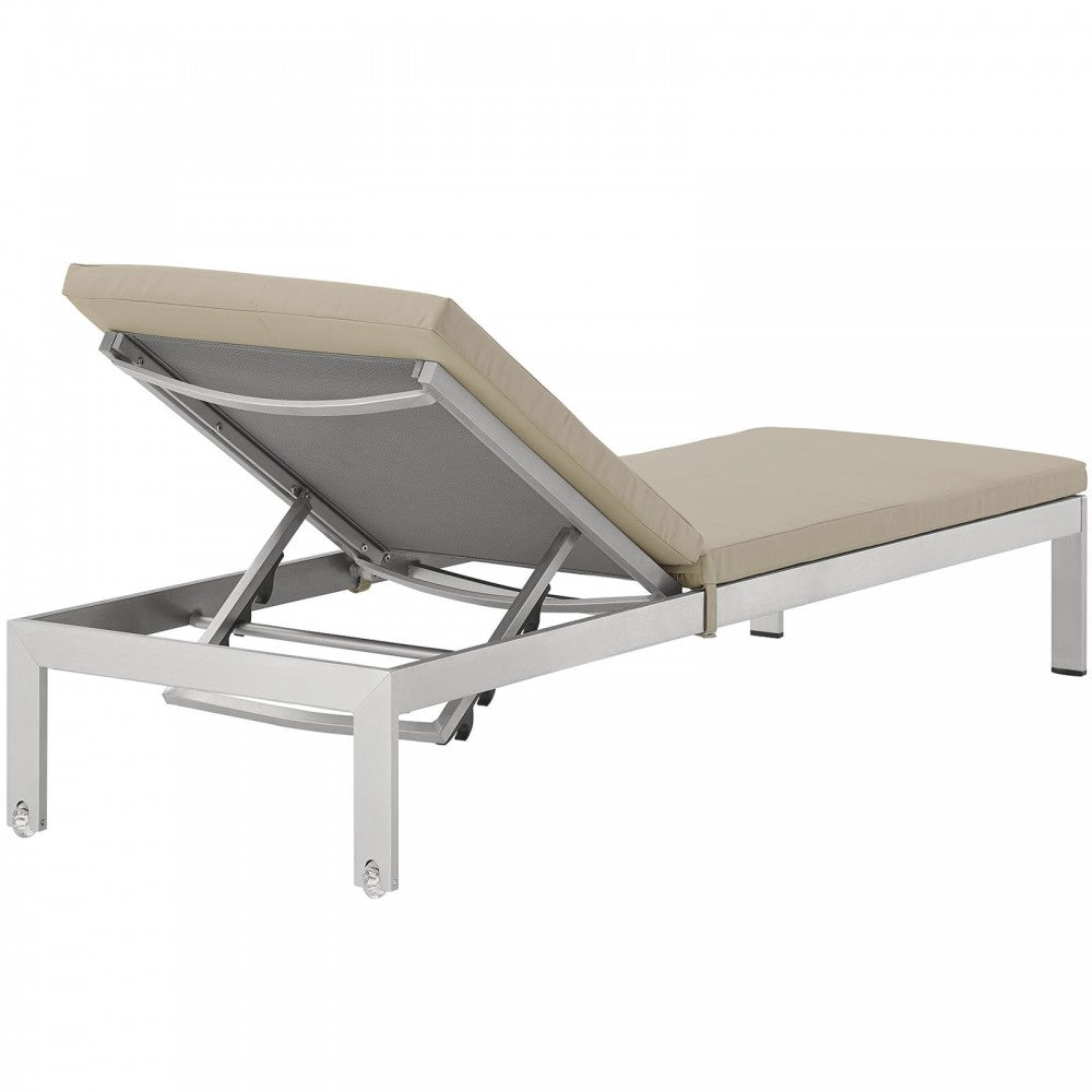 Shore Outdoor Patio Aluminum Chaise with Cushions, Silver Beige, EEI-2660-SLV-BEI