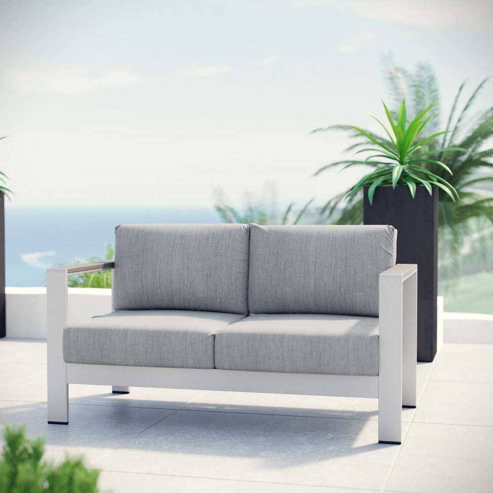 Shore Outdoor Patio Aluminum Loveseat, Silver Gray