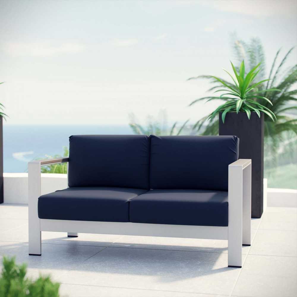 Shore Outdoor Patio Aluminum Loveseat, Silver Navy