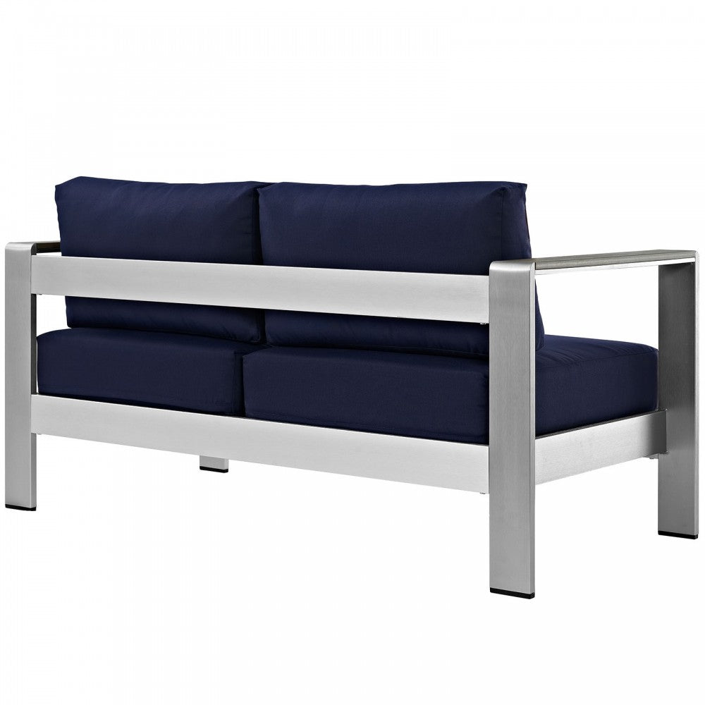 Shore Outdoor Patio Aluminum Loveseat, Silver Navy