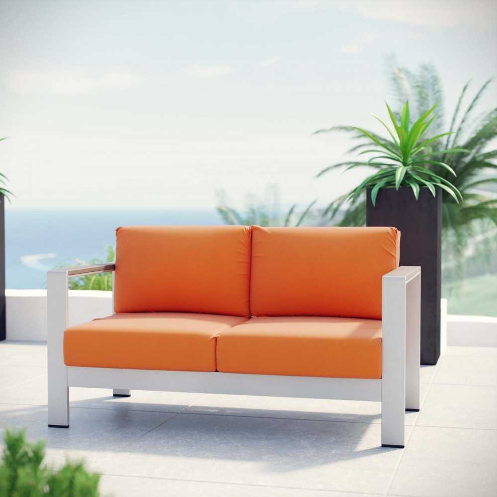 Shore Outdoor Patio Aluminum Loveseat, Silver Orange