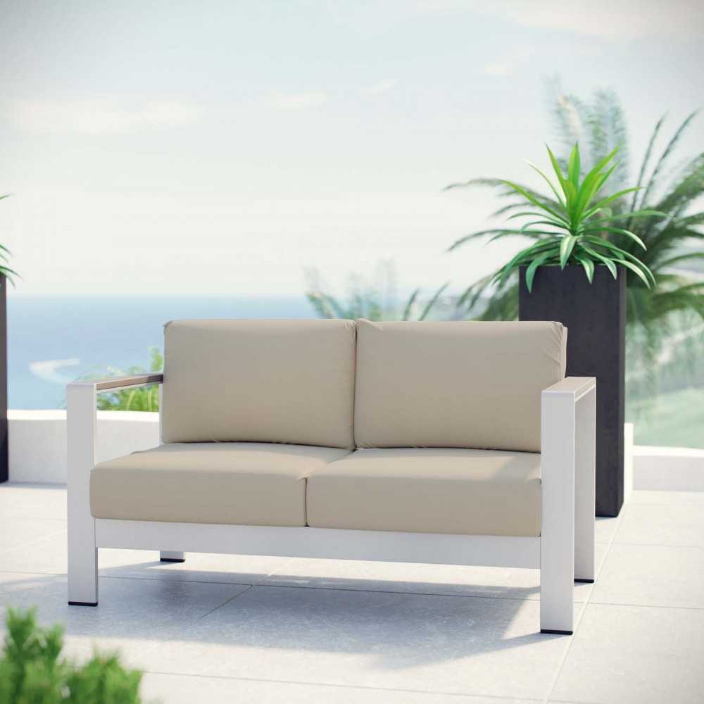 Shore Outdoor Patio Aluminum Loveseat, Silver Beige