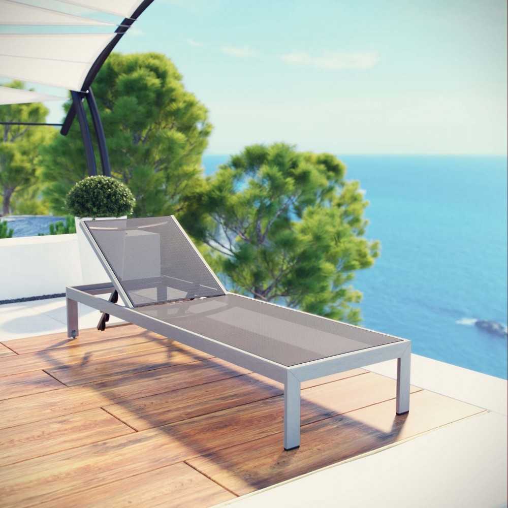 Shore Outdoor Patio Aluminum Mesh Chaise, Silver Gray