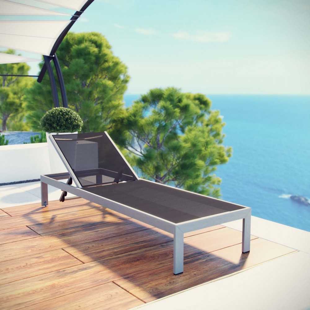 Shore Outdoor Patio Aluminum Mesh Chaise, Silver Black