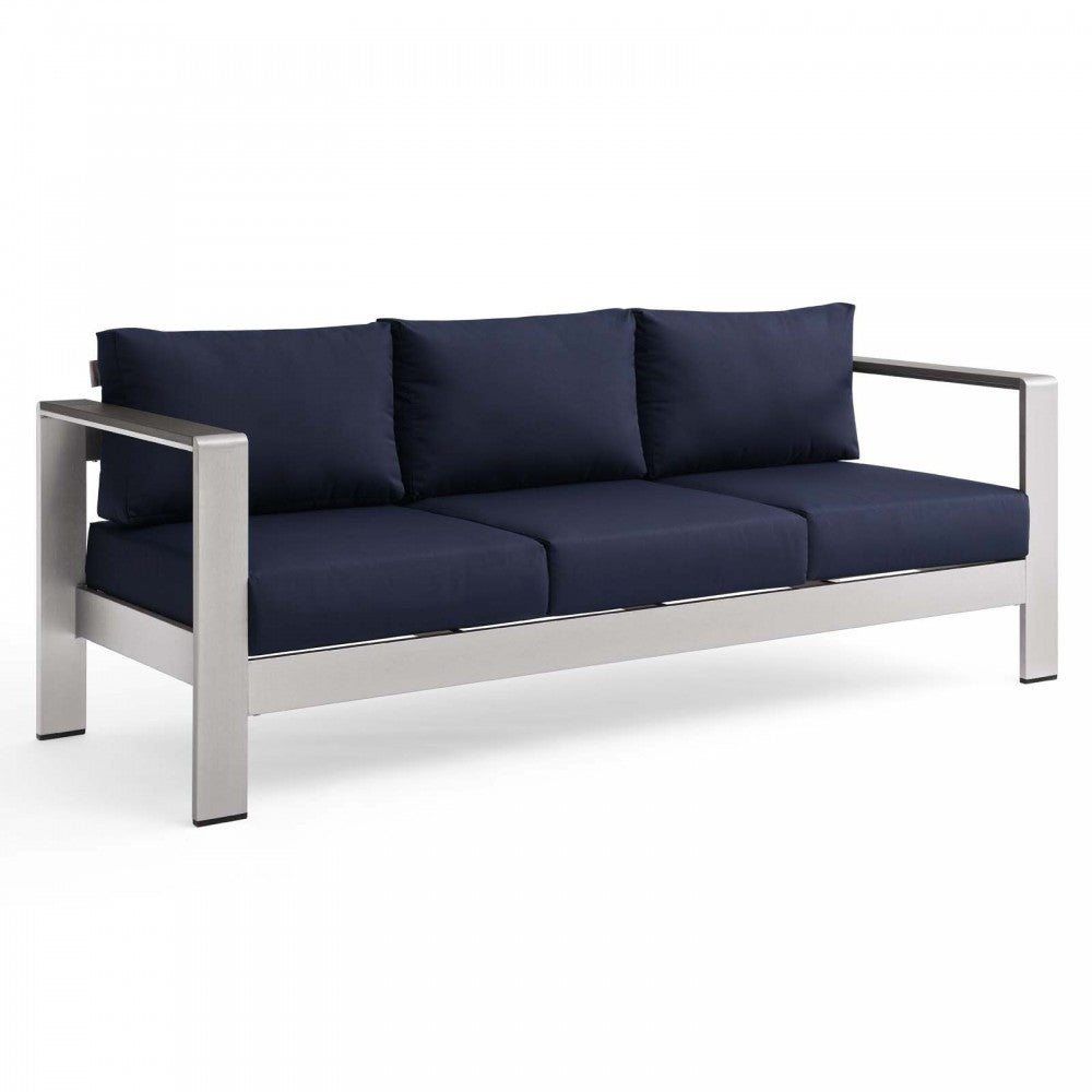 Shore Outdoor Patio Aluminum Sofa, Silver Navy