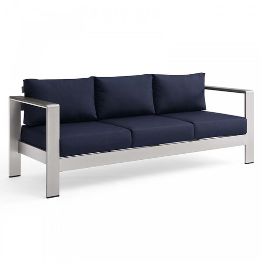 Shore Outdoor Patio Aluminum Sofa, Silver Navy