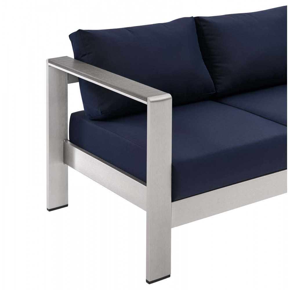 Shore Outdoor Patio Aluminum Sofa, Silver Navy