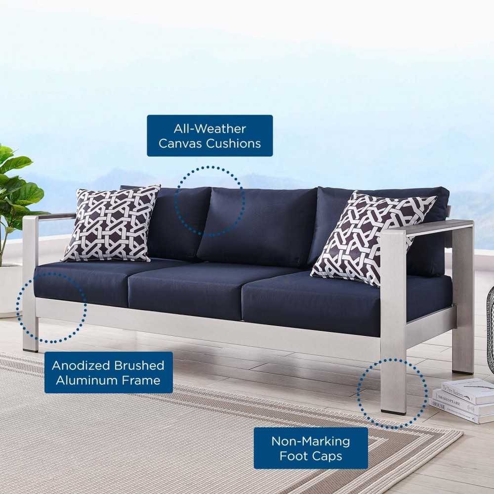 Shore Outdoor Patio Aluminum Sofa, Silver Navy