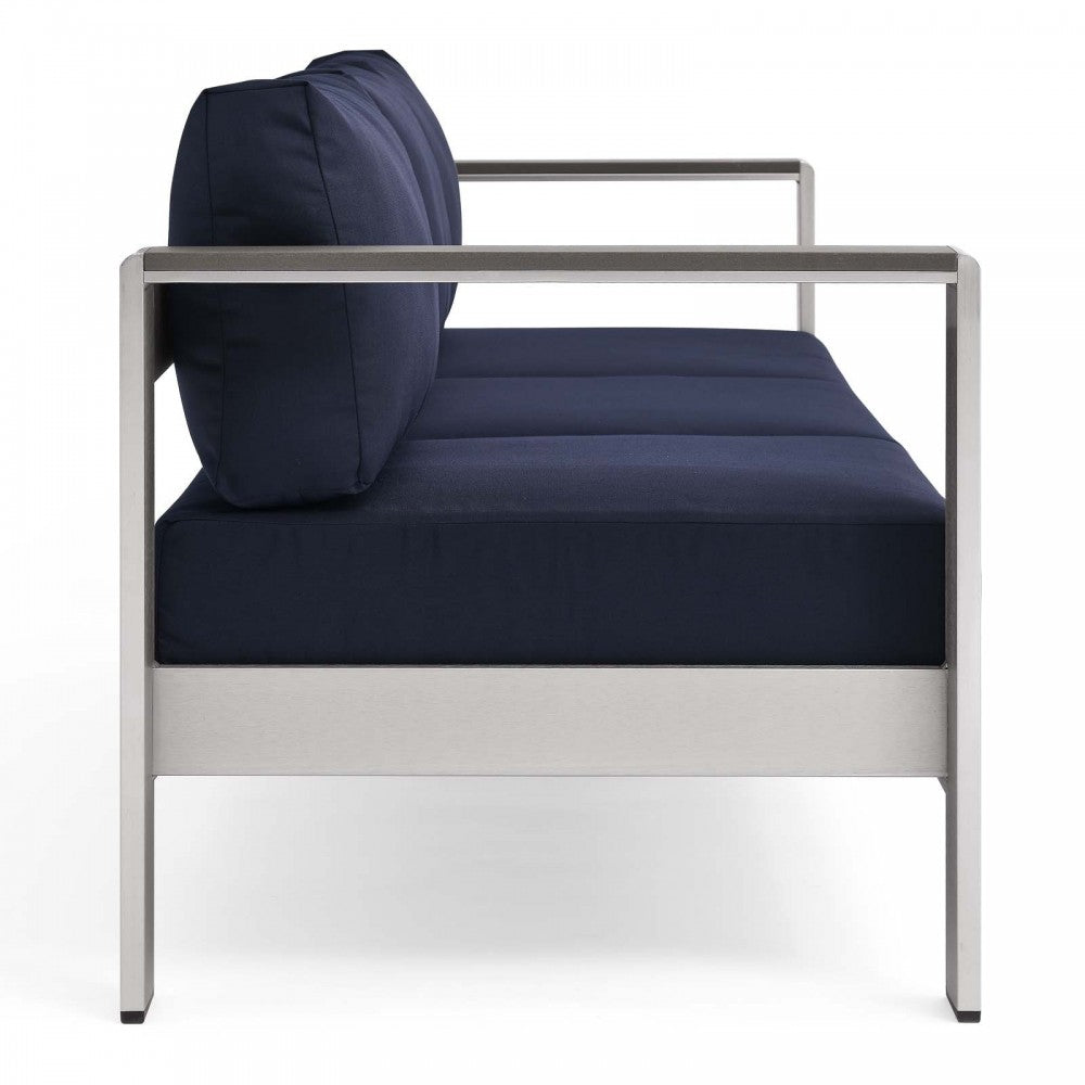 Shore Outdoor Patio Aluminum Sofa, Silver Navy