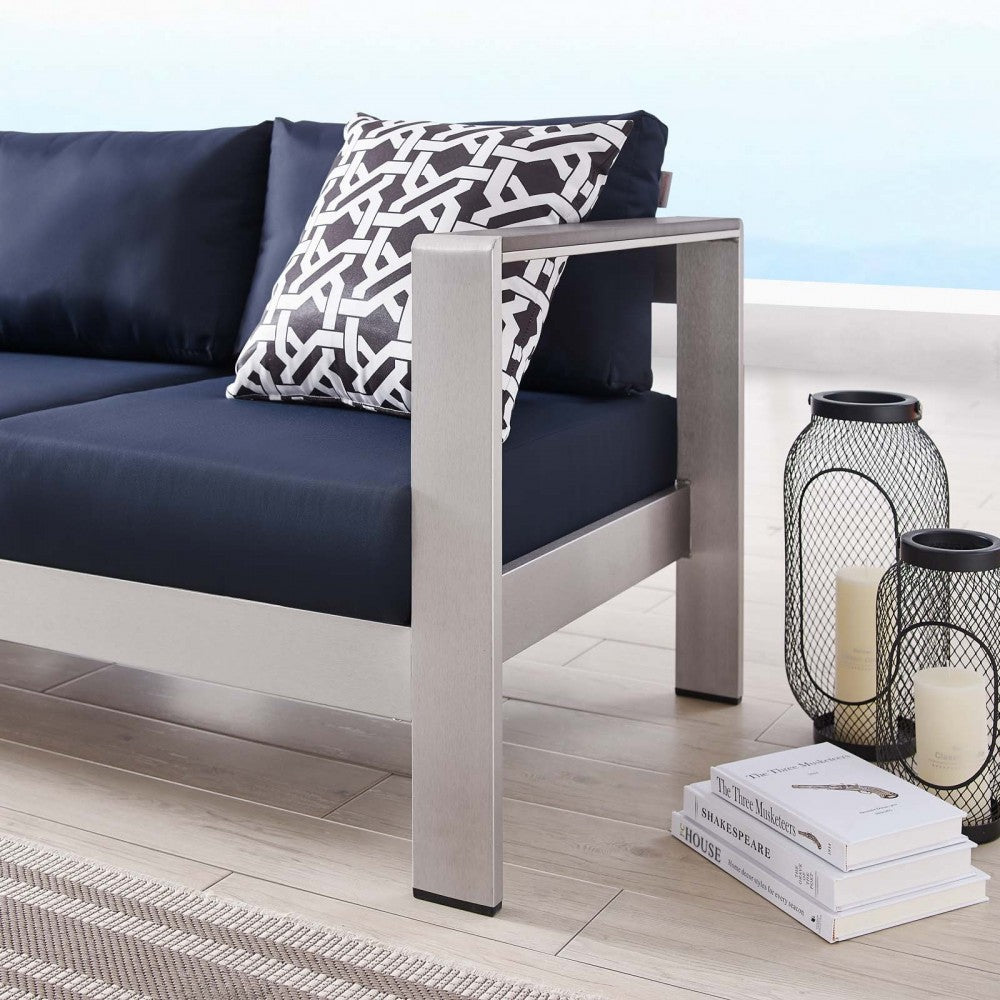 Shore Outdoor Patio Aluminum Sofa, Silver Navy