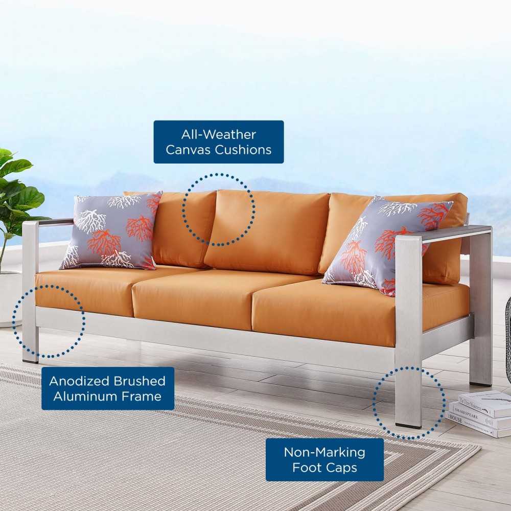 Shore Outdoor Patio Aluminum Sofa, Silver Orange