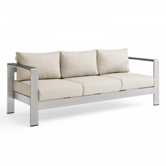 Shore Outdoor Patio Aluminum Sofa, Silver Beige