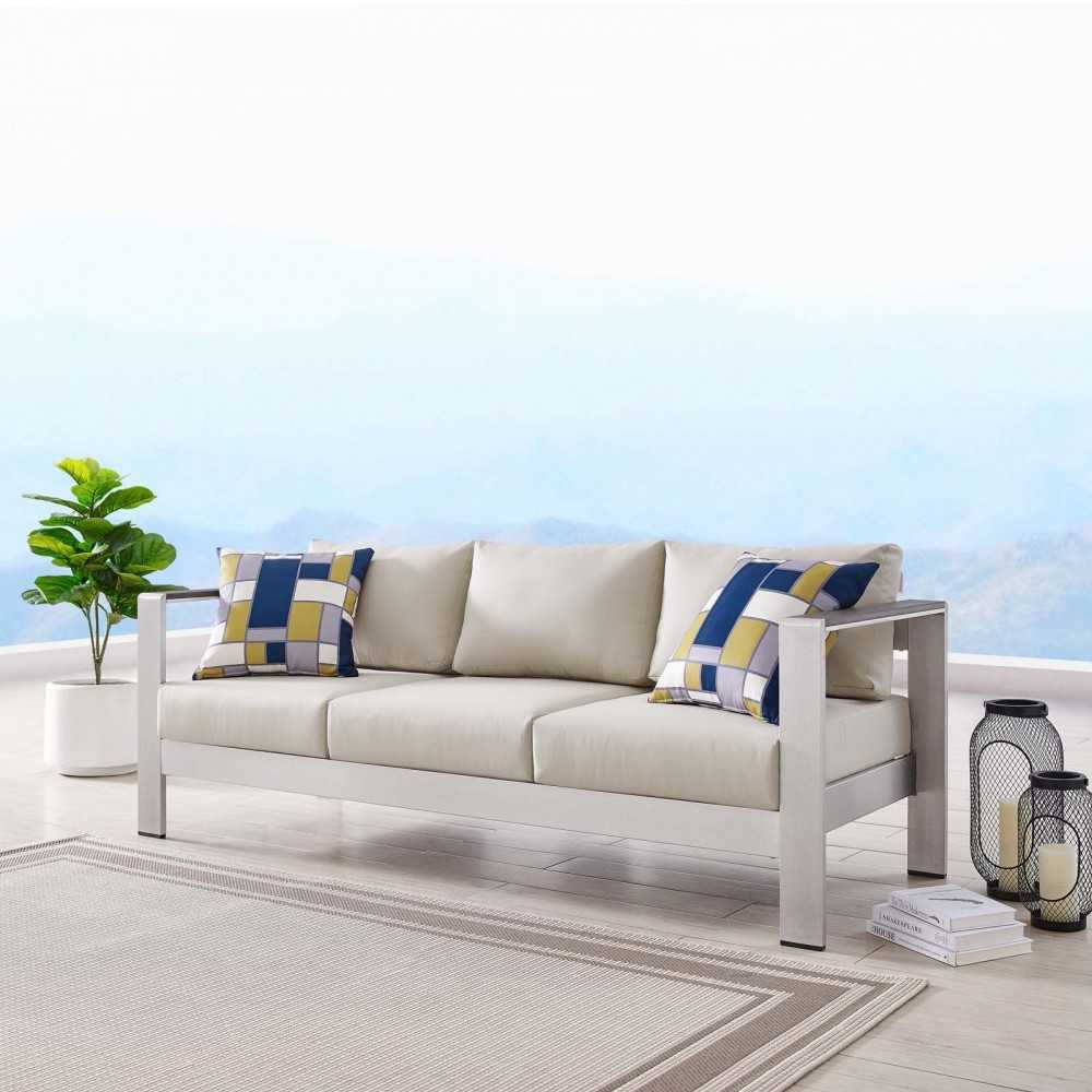 Shore Outdoor Patio Aluminum Sofa, Silver Beige