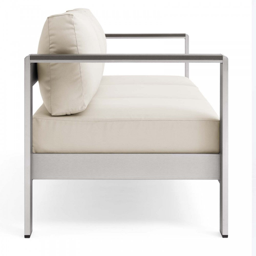 Shore Outdoor Patio Aluminum Sofa, Silver Beige