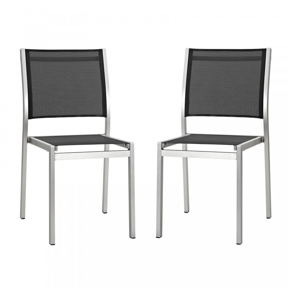 Shore Side Chair Outdoor Patio Aluminum Set of 2, Silver Black