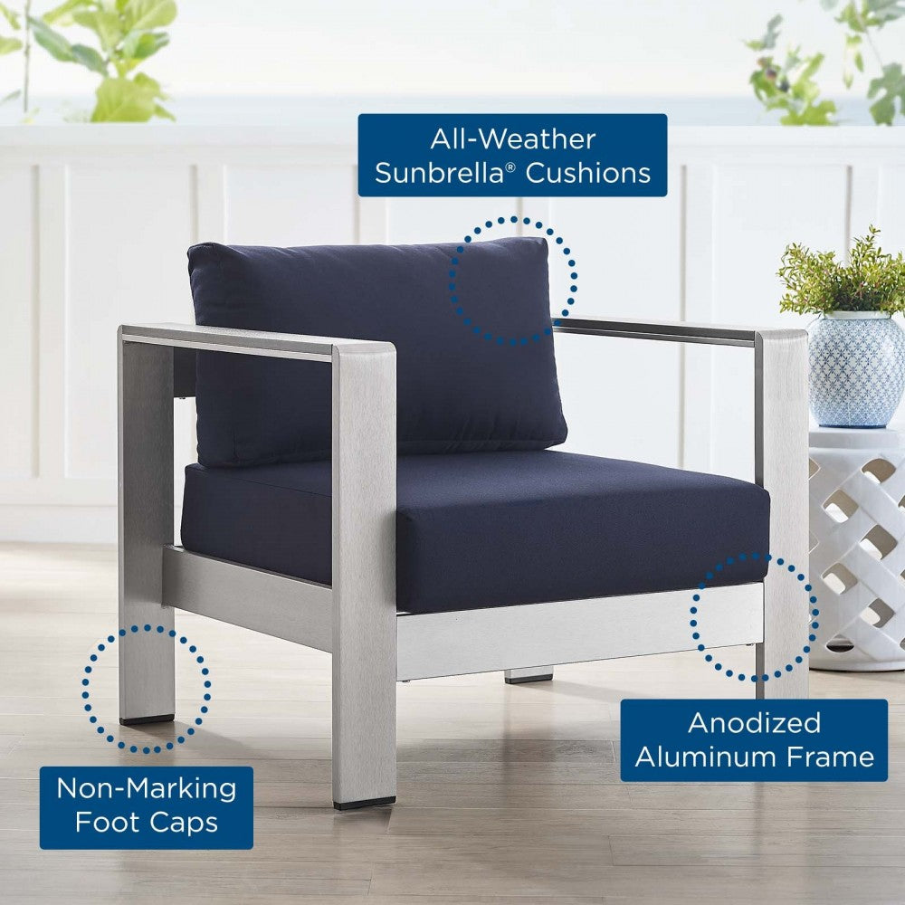 Shore Sunbrella Fabric Aluminum Outdoor Patio Armchair, Silver Navy