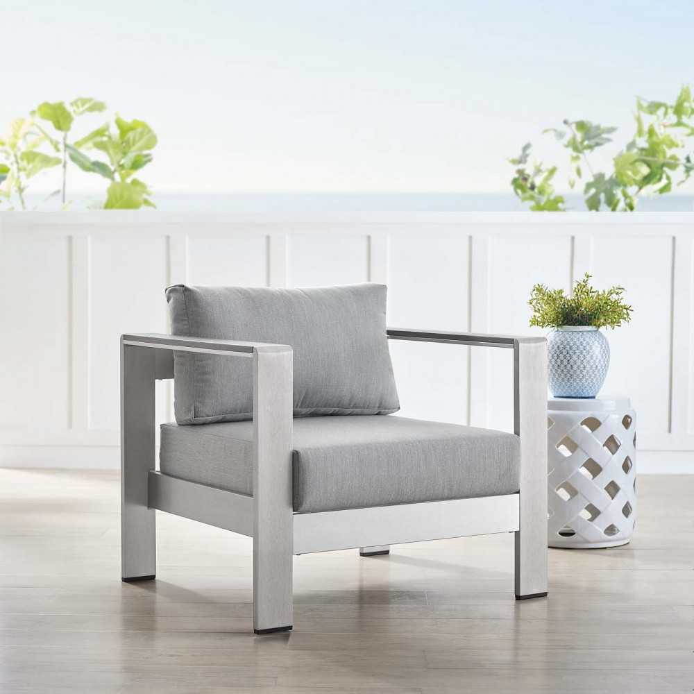 Shore Sunbrella Fabric Aluminum Outdoor Patio Armchair, Silver Gray