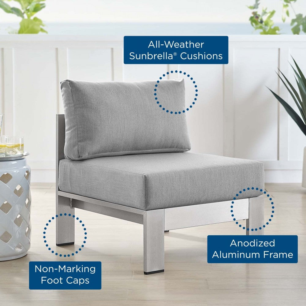 Shore Sunbrella Fabric Aluminum Outdoor Patio Armless Chair, Silver Gray