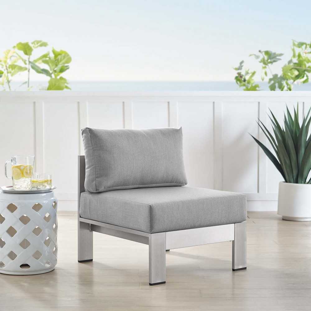 Shore Sunbrella Fabric Aluminum Outdoor Patio Armless Chair, Silver Gray