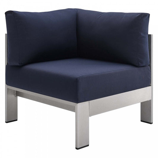 Shore Sunbrella Fabric Aluminum Outdoor Patio Corner Sofa, Silver Navy