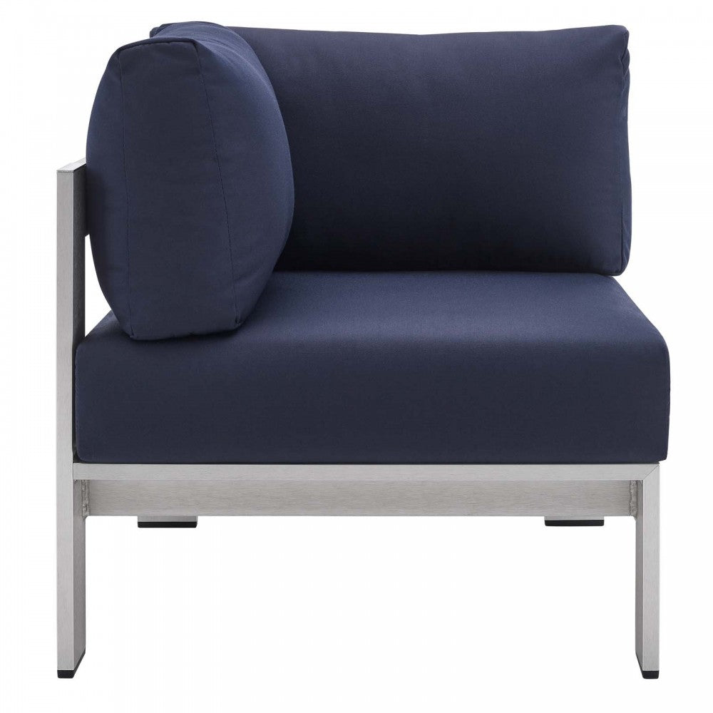 Shore Sunbrella Fabric Aluminum Outdoor Patio Corner Sofa, Silver Navy
