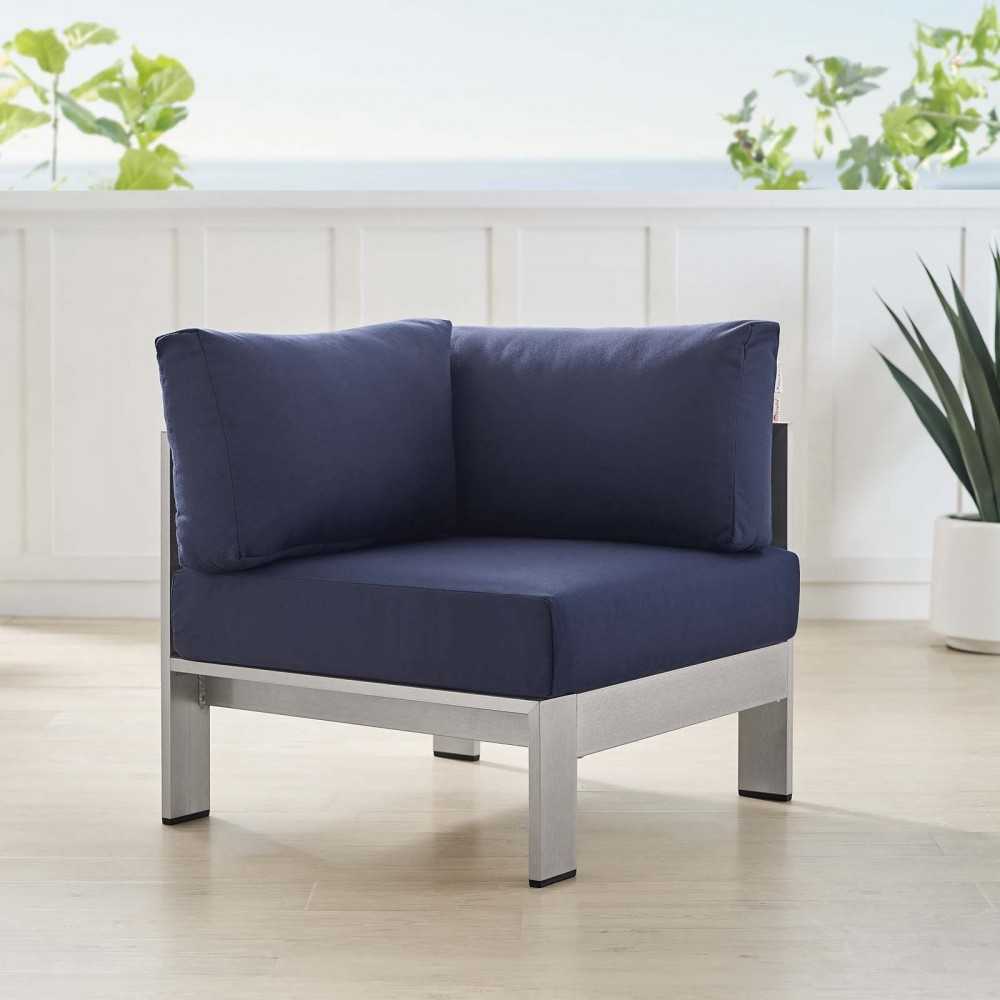 Shore Sunbrella Fabric Aluminum Outdoor Patio Corner Sofa, Silver Navy