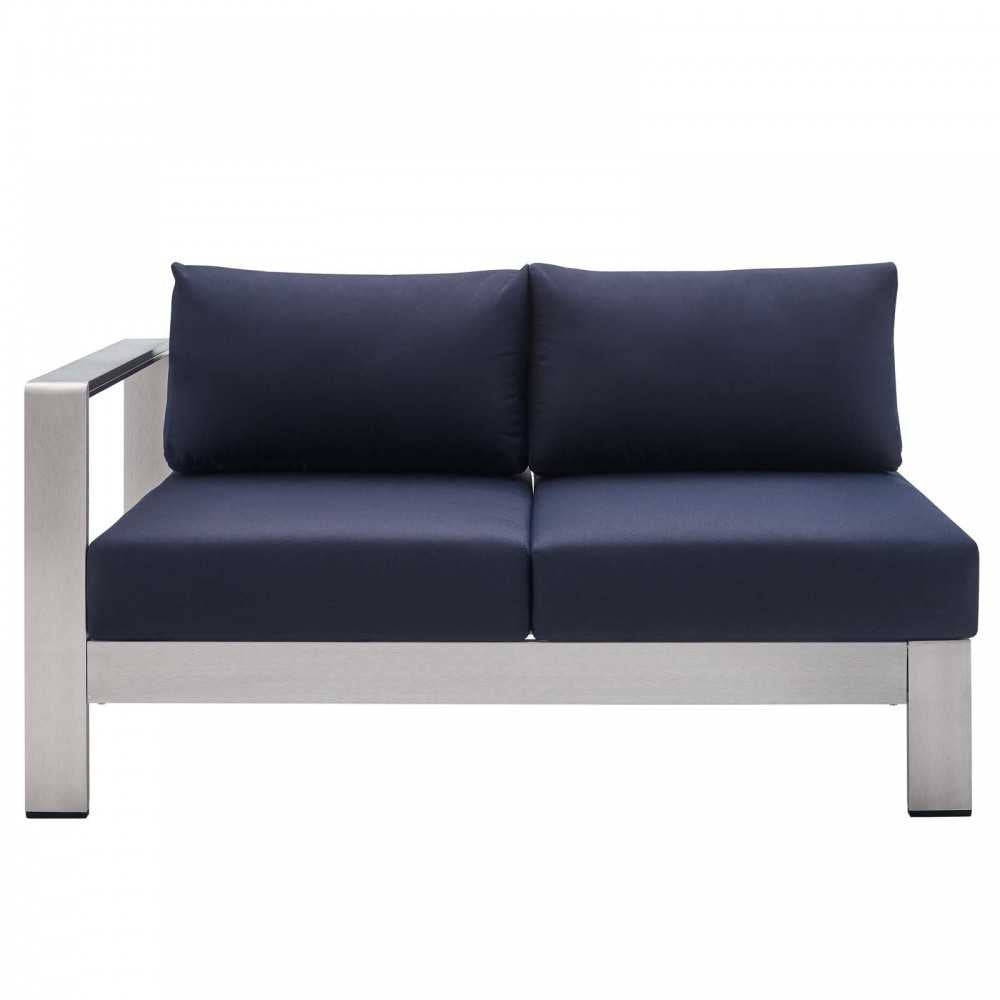 Shore Sunbrella Fabric Aluminum Outdoor Patio Left-Arm Loveseat, Silver Navy