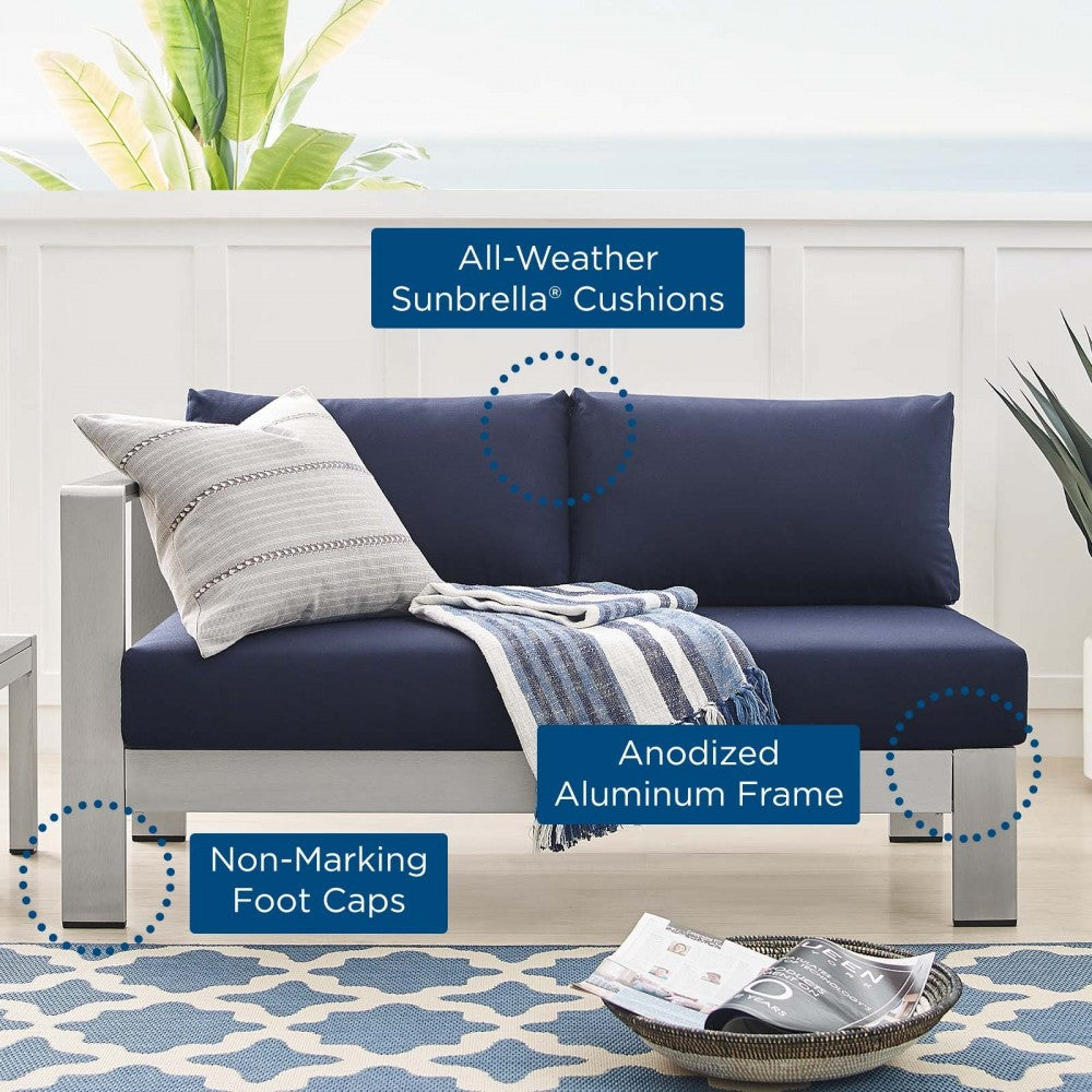 Shore Sunbrella Fabric Aluminum Outdoor Patio Left-Arm Loveseat, Silver Navy