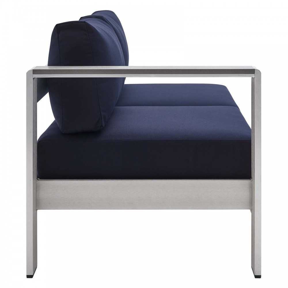 Shore Sunbrella Fabric Aluminum Outdoor Patio Left-Arm Loveseat, Silver Navy