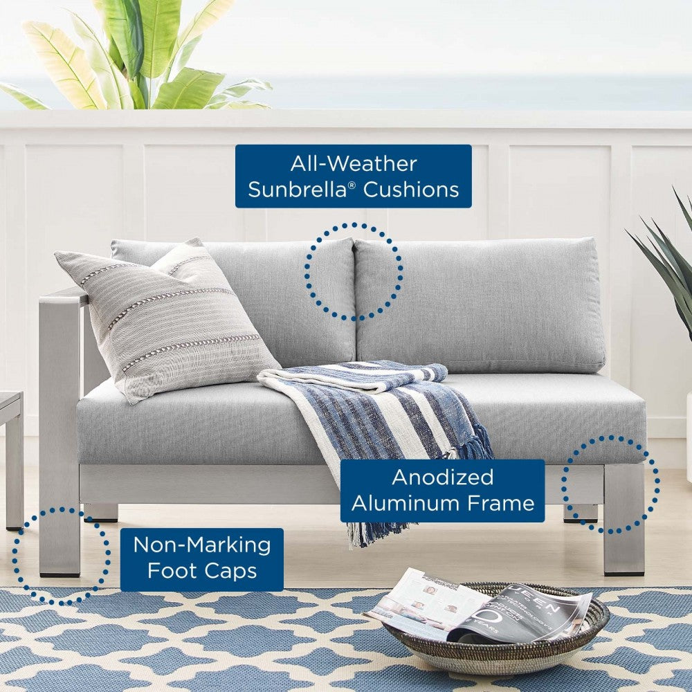 Shore Sunbrella Fabric Aluminum Outdoor Patio Left-Arm Loveseat, Silver Gray