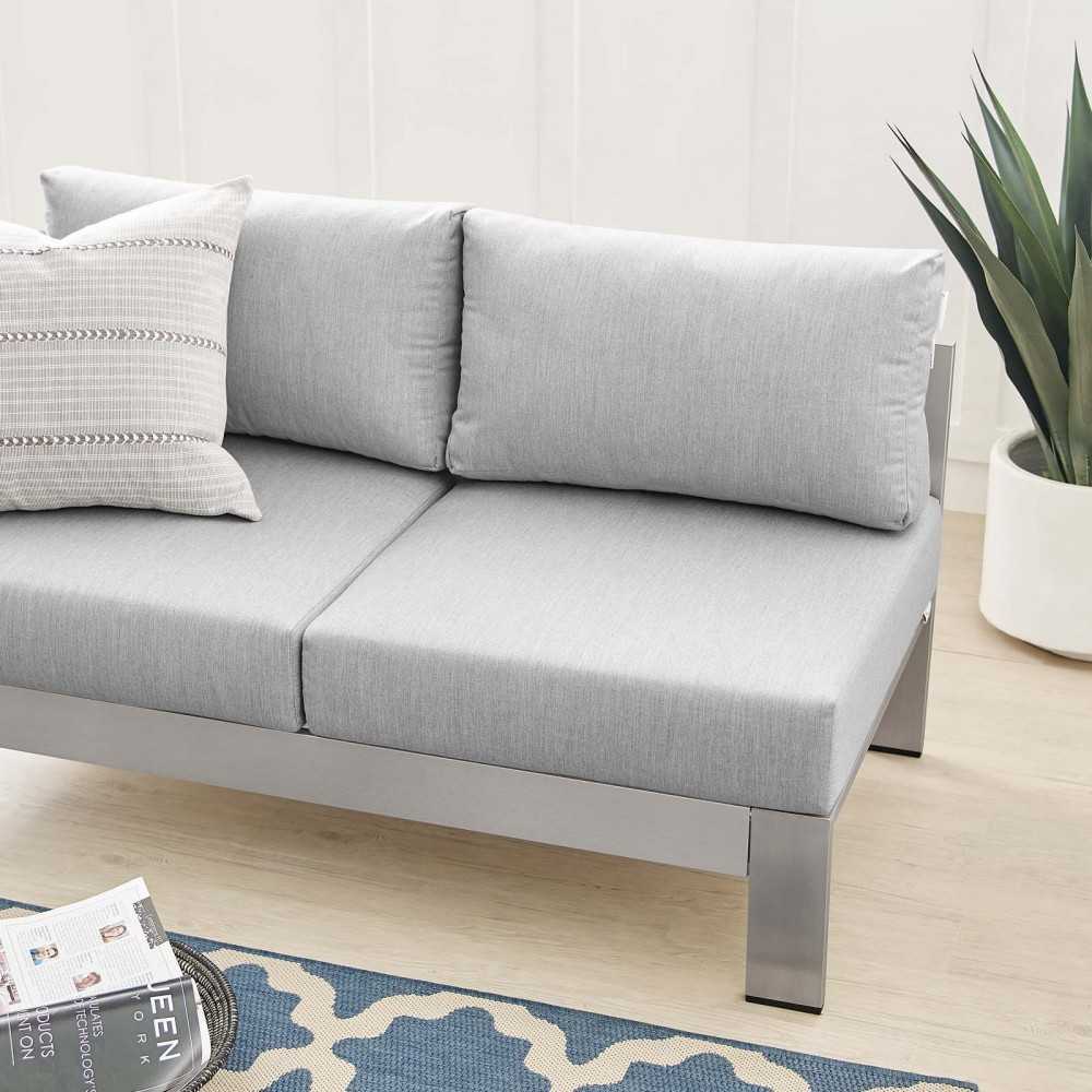 Shore Sunbrella Fabric Aluminum Outdoor Patio Left-Arm Loveseat, Silver Gray
