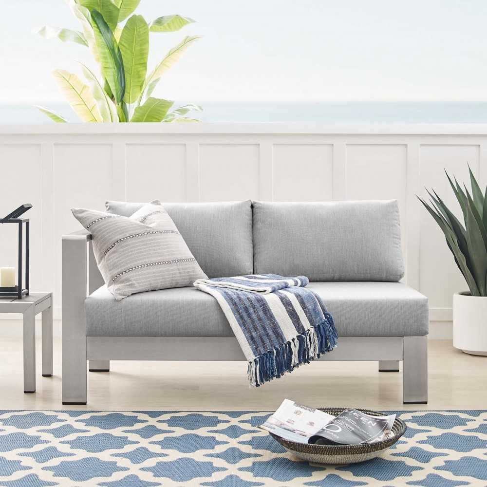 Shore Sunbrella Fabric Aluminum Outdoor Patio Left-Arm Loveseat, Silver Gray
