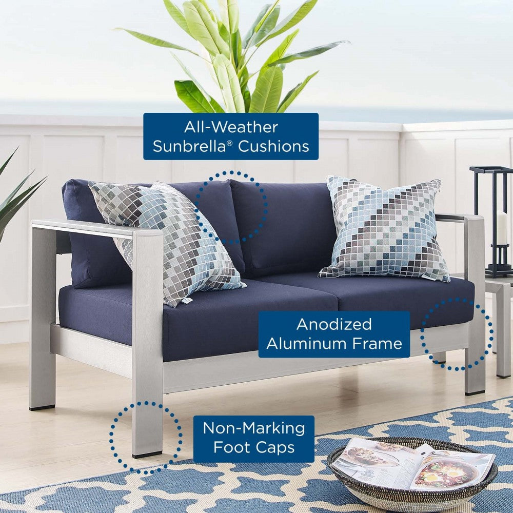 Shore Sunbrella Fabric Aluminum Outdoor Patio Loveseat, Silver Navy