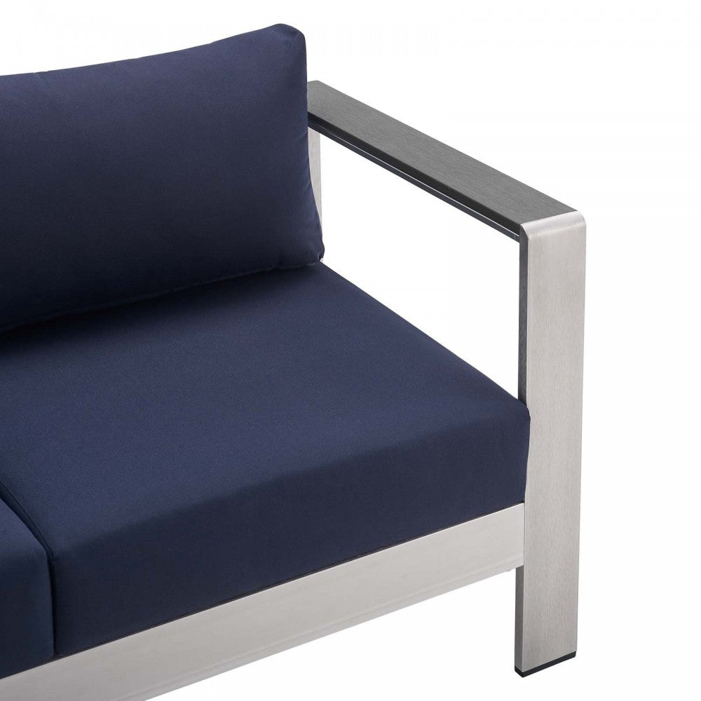 Shore Sunbrella Fabric Aluminum Outdoor Patio Loveseat, Silver Navy