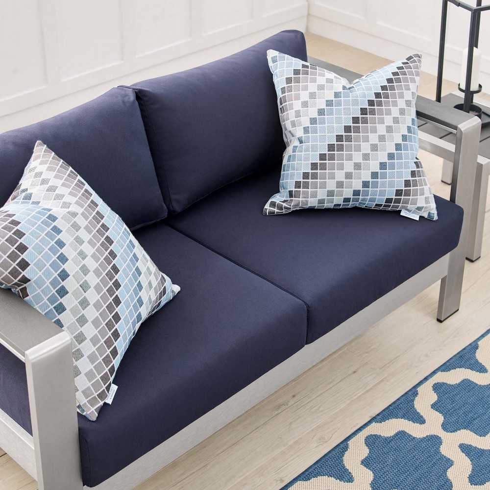 Shore Sunbrella Fabric Aluminum Outdoor Patio Loveseat, Silver Navy