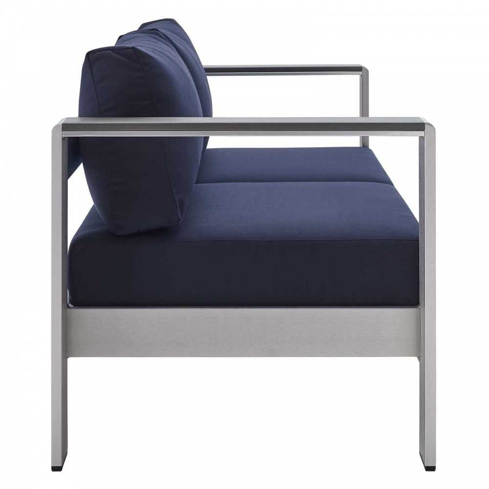 Shore Sunbrella Fabric Aluminum Outdoor Patio Loveseat, Silver Navy