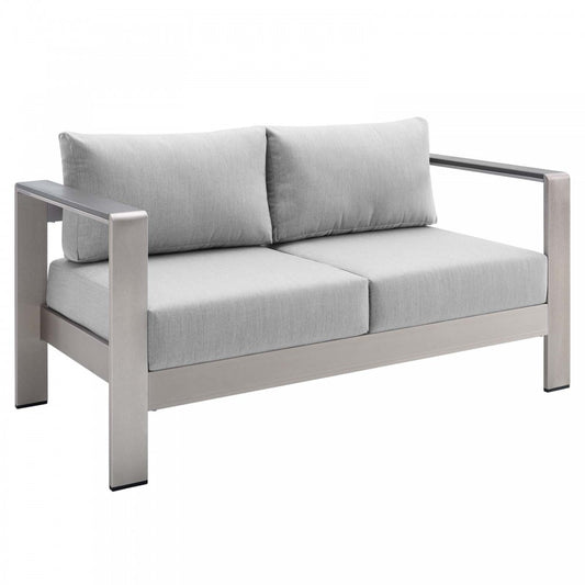 Shore Sunbrella Fabric Aluminum Outdoor Patio Loveseat, Silver Gray