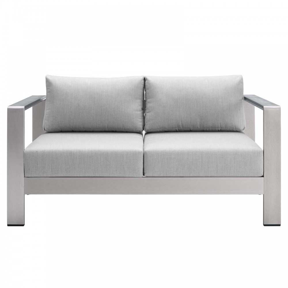 Shore Sunbrella Fabric Aluminum Outdoor Patio Loveseat, Silver Gray