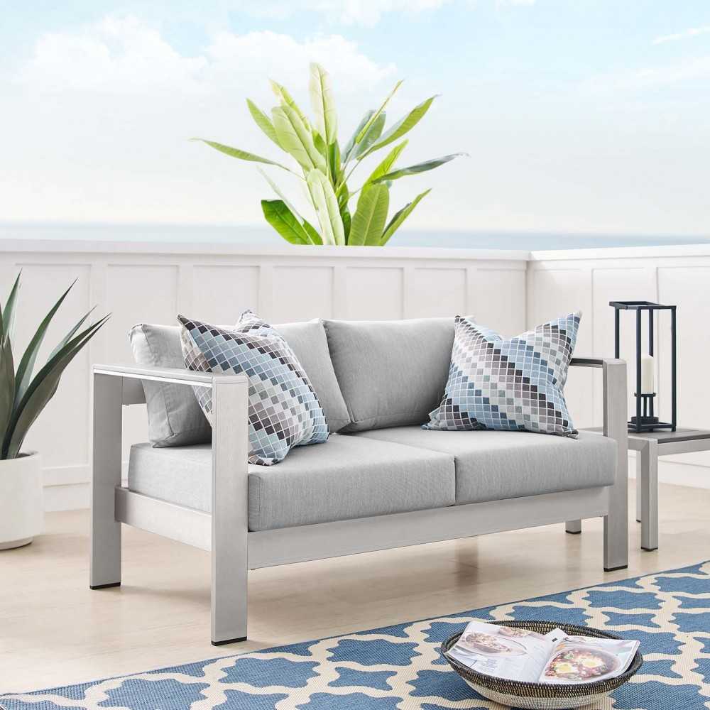 Shore Sunbrella Fabric Aluminum Outdoor Patio Loveseat, Silver Gray