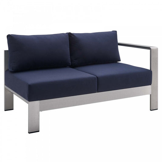 Shore Sunbrella Fabric Aluminum Outdoor Patio Right-Arm Loveseat, Silver Navy