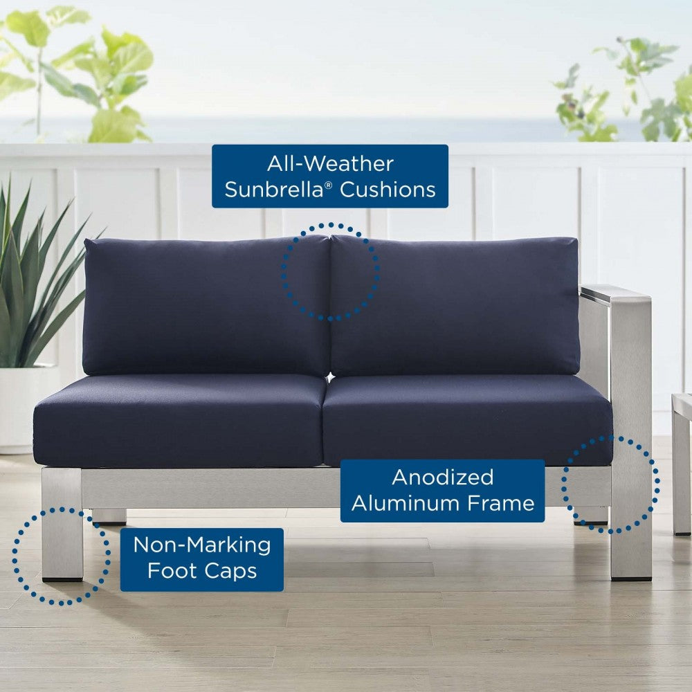 Shore Sunbrella Fabric Aluminum Outdoor Patio Right-Arm Loveseat, Silver Navy