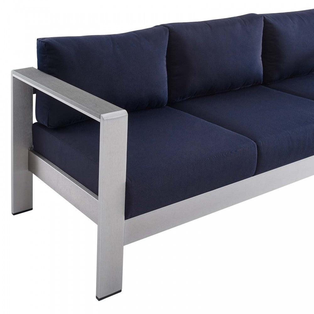 Shore Sunbrella Fabric Aluminum Outdoor Patio Sofa, Silver Navy