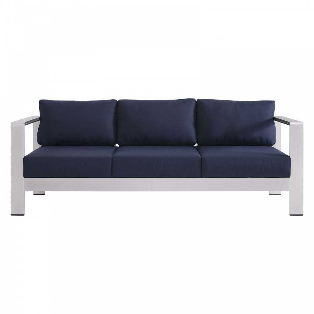 Shore Sunbrella Fabric Aluminum Outdoor Patio Sofa, Silver Navy