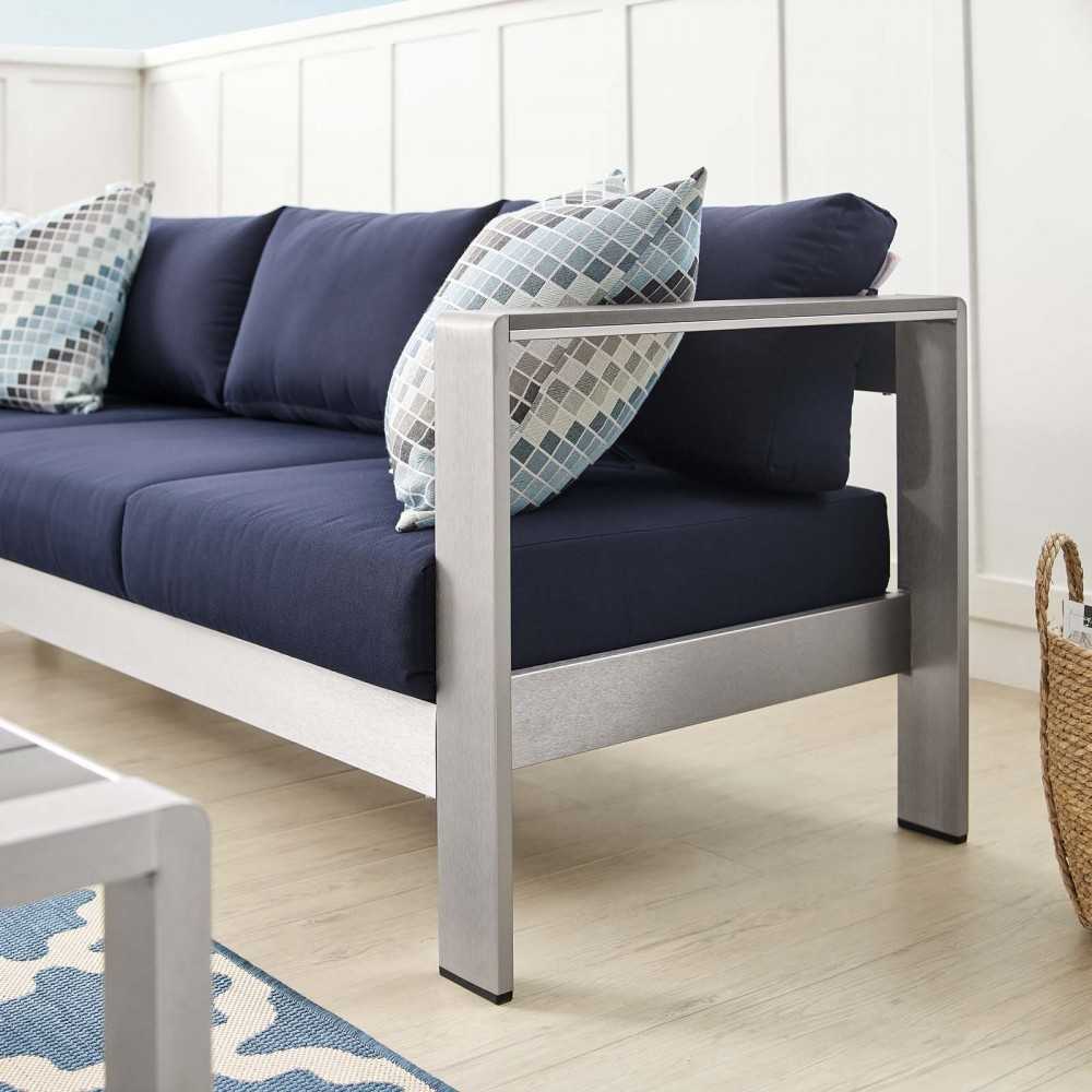 Shore Sunbrella Fabric Aluminum Outdoor Patio Sofa, Silver Navy