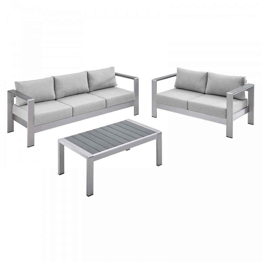 Shore Sunbrella Fabric Outdoor Patio Aluminum 3 Piece Set, Silver Gray, EEI-4313-SLV-GRY-SET