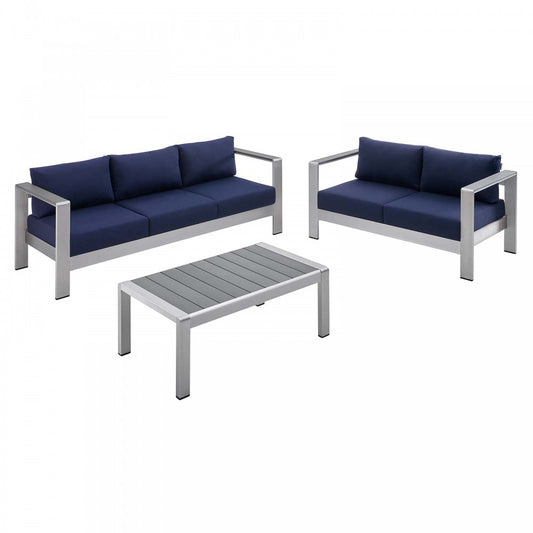 Shore Sunbrella Fabric Outdoor Patio Aluminum 3 Piece Set, Silver Navy, EEI-4313-SLV-NAV-SET