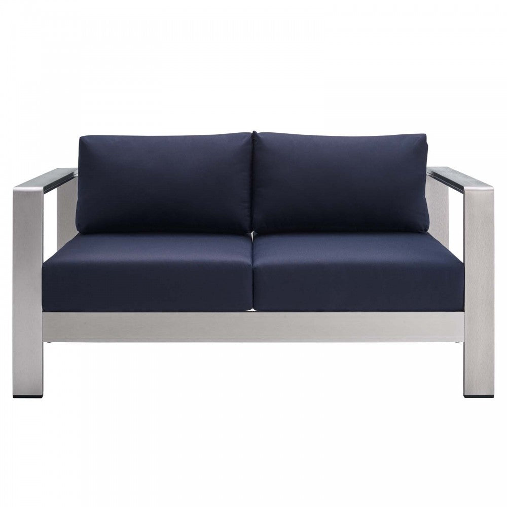 Shore Sunbrella Fabric Outdoor Patio Aluminum 3 Piece Set, Silver Navy, EEI-4313-SLV-NAV-SET