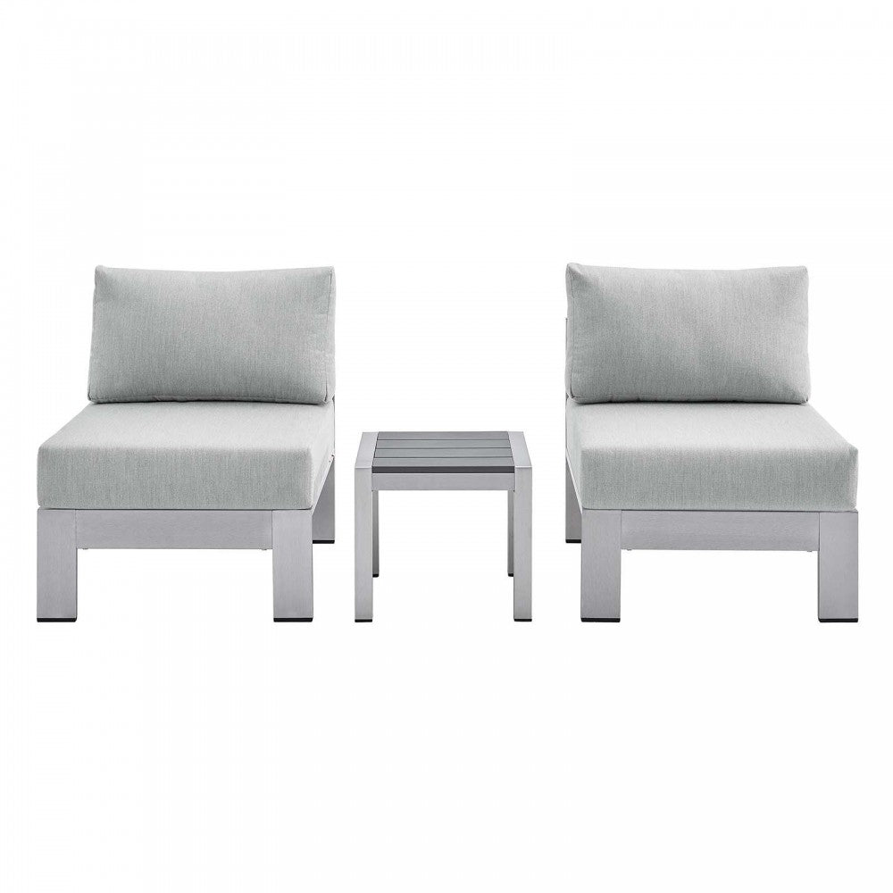 Shore Sunbrella Fabric Outdoor Patio Aluminum 3 Piece Set, Silver Gray, EEI-4312-SLV-GRY-SET