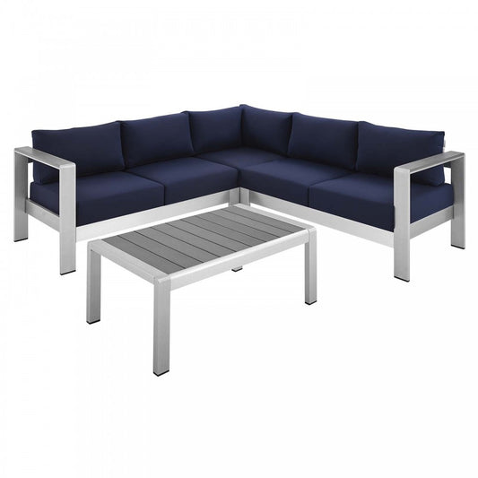 Shore Sunbrella Fabric Outdoor Patio Aluminum 4 Piece Sectional Sofa Set, Silver Navy