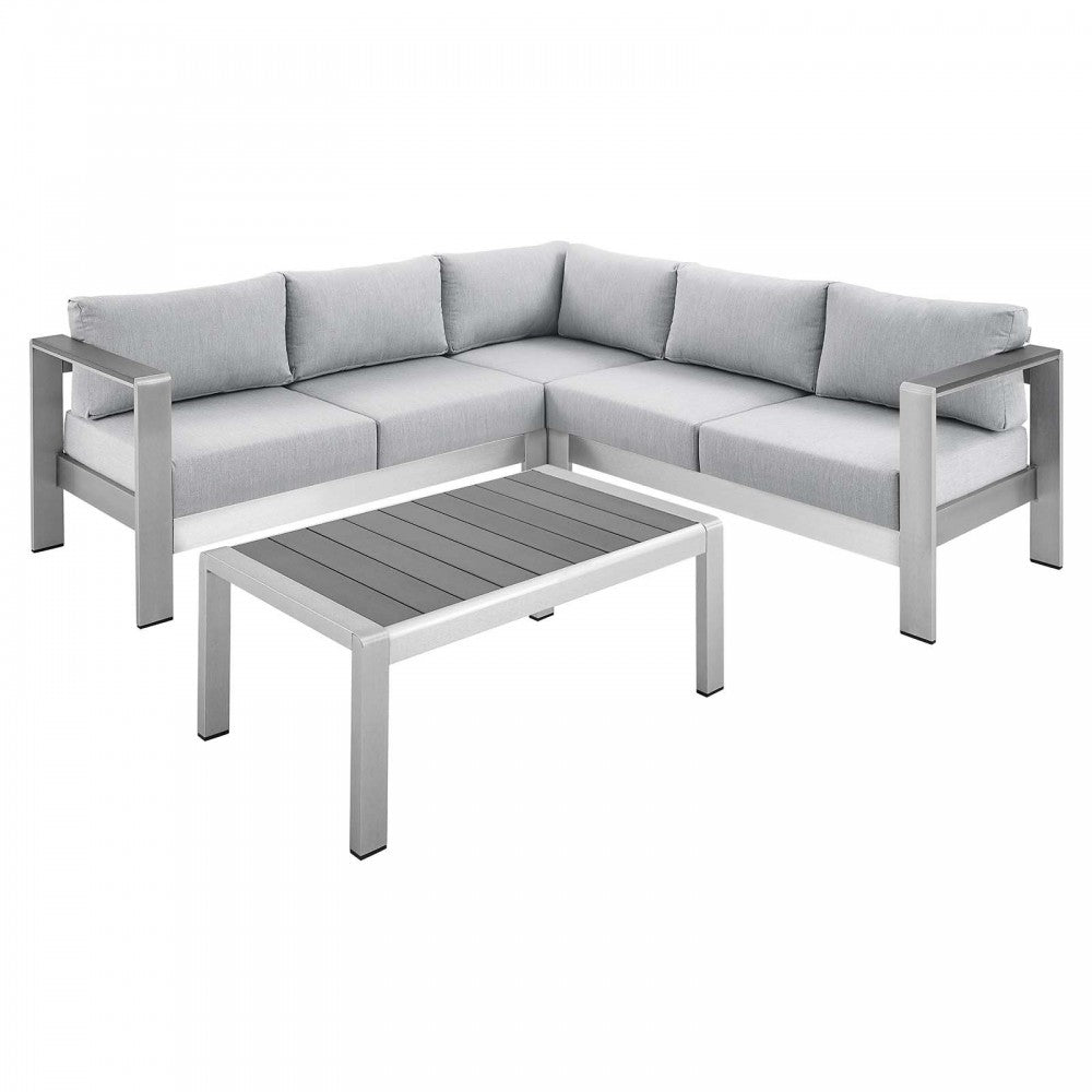 Shore Sunbrella Fabric Outdoor Patio Aluminum 4 Piece Sectional Sofa Set, Silver Gray